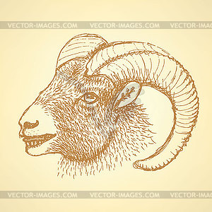 Sketch New Year ram in vintage style - color vector clipart