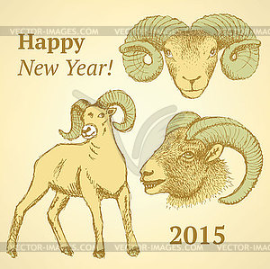 Sketch New Year ram in vintage style - vector clipart