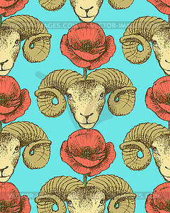 Sketch ram and poppy flower - vector clip art