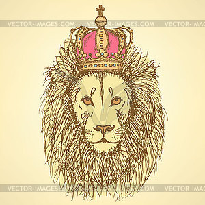 Sketch cute lion with crown in vintage style - vector clipart