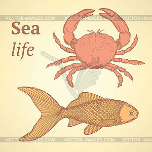 Sketch cute crab and fish in vintage style - vector image