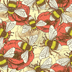 Sketch bee and poppy in vintage style - vector clip art