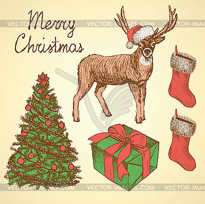 Эскиз Рождественский набор в винтажном стиле - векторный клипарт / векторное изображение