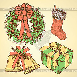 Эскиз Рождественский набор в винтажном стиле - векторное изображение EPS