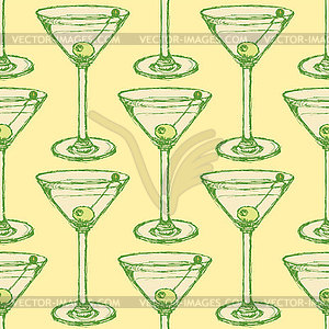 Sketch martini glass with olive in vintage style - vector clipart