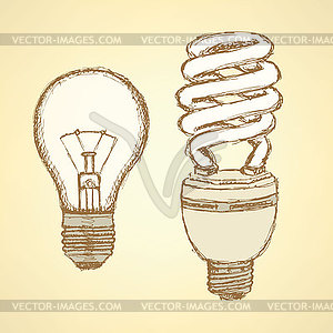 Sketch light bulbs in vintage style - vector image