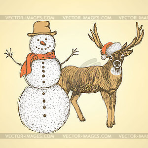 Sketch snowman and raindeer in vintage style - vector EPS clipart