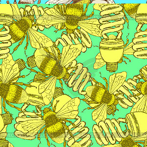 Эскиз экономической лампочка с пчелой - цветной векторный клипарт