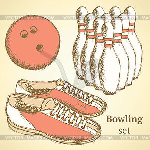 Sketch bowling set in vintage style - vector image