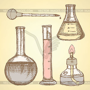 Sketch scientific equipment in vintage style - vector image