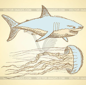 Sketch shark and jellyfish in vintage style - vector clipart