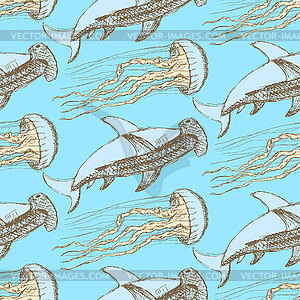 Sketch hammerhead shark and jellyfish in vintage - vector clipart