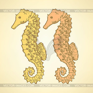 Sketch cute seahorse in vintage style - vector image