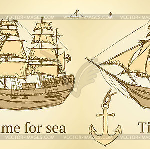 Sketch anchor and ship in vintage style - vector clip art