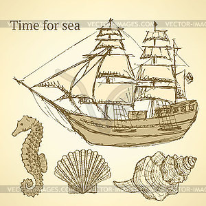 Sketch sea set in vintage style - vector clipart
