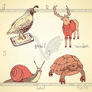 Sketch fancy animals alphabet in vintage style - vector clipart