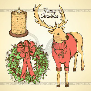 Sketch fancy reindeer with candle and wreath - vector clip art