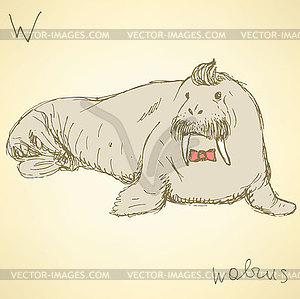 Эскиз фантазии моржа в винтажном стиле - иллюстрация в векторном формате