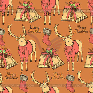 Sketch fancy reindeer in vintage style with bell an - vector image