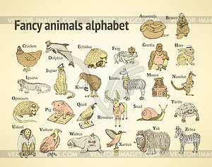 Sketch fancy animals alphabet in vintage style - royalty-free vector image