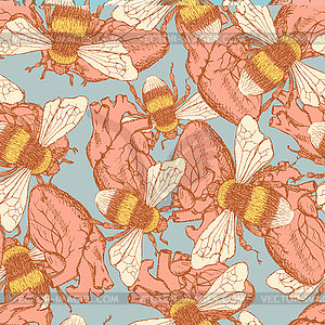 Sketch bee and heart in vintage style - vector image