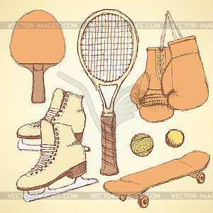 Sketch sport equipment - vector clip art