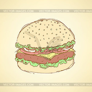 Sketch tasty hamburger in vintage style - vector image