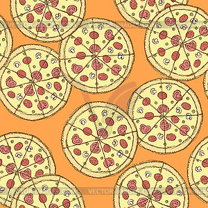 Sketch tasty pizza in vintage style - vector image