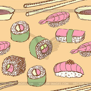 Sketch sushi rolls in vintage style - vector clip art