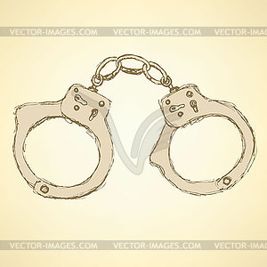 Sketch steel handcuffs in vintage style - vector clip art