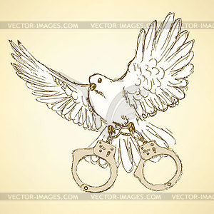 Sketch dove with handcuffs in vintage style - color vector clipart