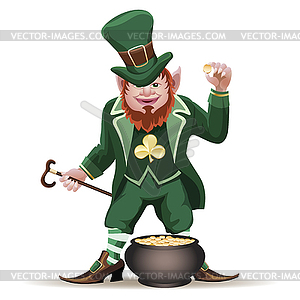 Joyful leprechaun with cauldron full of golden coins - vector clip art