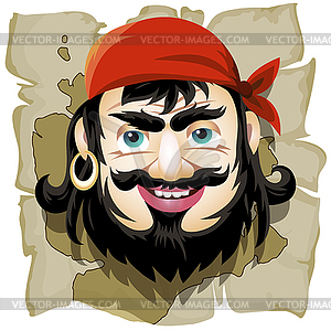 Smiling pirate against a treasure map drawn in - vector image