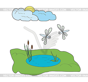 Dragonflies and pond - vector image