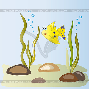 Yellow fish in algae - vector clipart