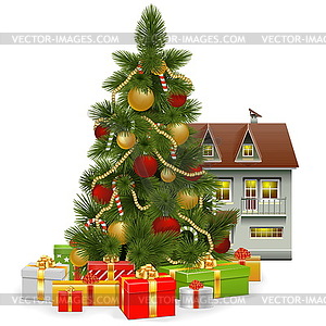 Christmas Tree with House - vector image