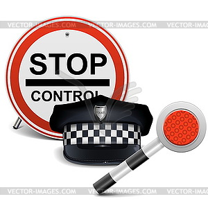 Police Cap with Sign and Baton - vector clipart