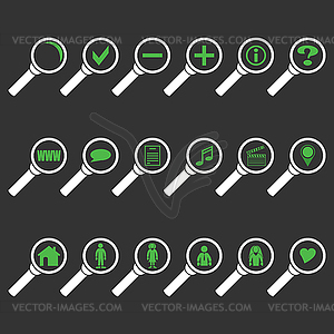 Search icon set (white and green) with clear glass - vector image