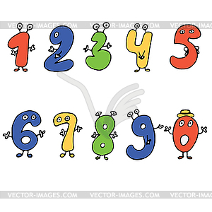 Fun colorful cartoon numbers with eyes, hands and - vector image