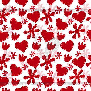 Seamless repeating pattern of red hearts and flower - vector clipart