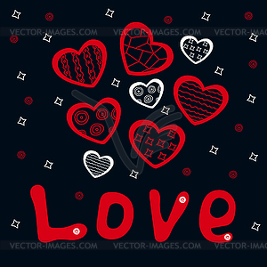 Нарисованные открытки с красными и белыми сердца и слова - векторное изображение клипарта
