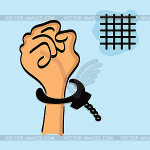 One drawing of hand in handcuffs on blue - vector clip art