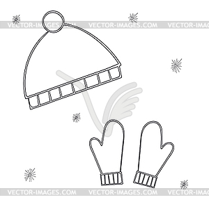 Sketch of winter gloves and hats - vector clipart