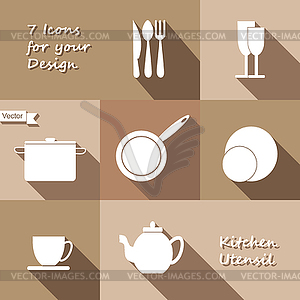 Seven monochrome icons of kitchen utensil - vector clipart