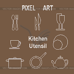 Pixel art outline kitchen utensil icons - vector clipart