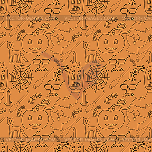 Halloween seamless pattern on orange background - vector image