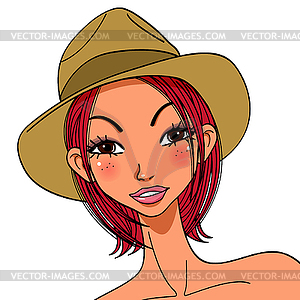 Young woman with in fedora hat - vector clipart