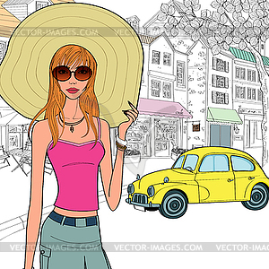 Stylish woman on street - vector clipart