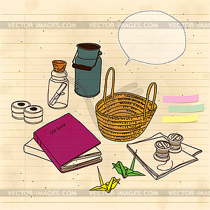 Still life with basket and letter in bottle - vector clipart