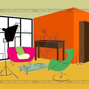 Pink sofa and green chair in living room - vector clipart